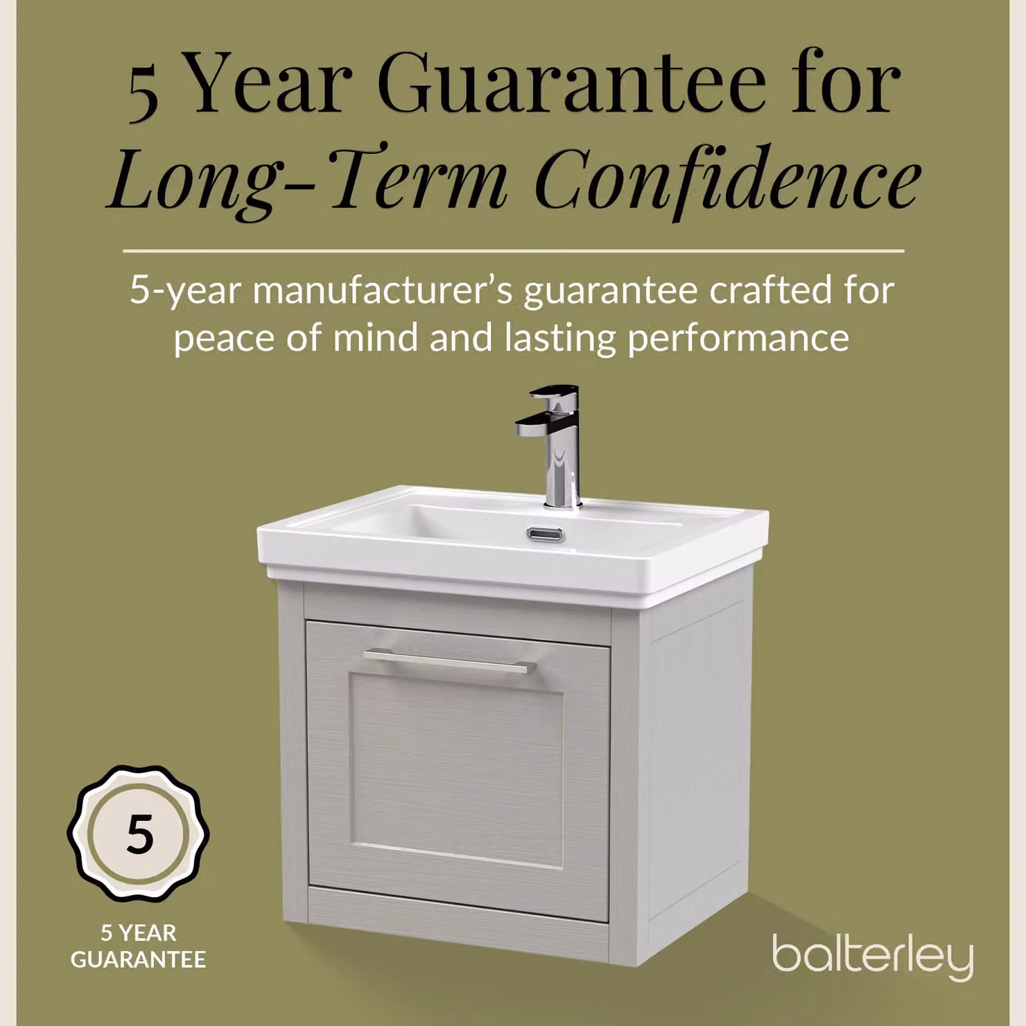 Balterley Wall Hung 1 Drawer Vanity Unit and 1TH Fireclay Basin, Grey, Width: 50 cm – 4