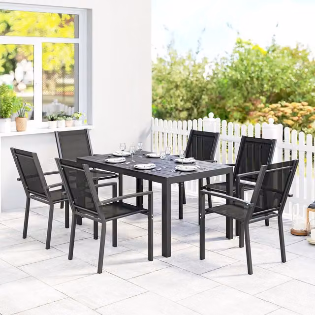 Outsunny 7 Piece Garden Dining Set with Rectangular Table and 6 Stackable Chairs in Black Mesh Fabric