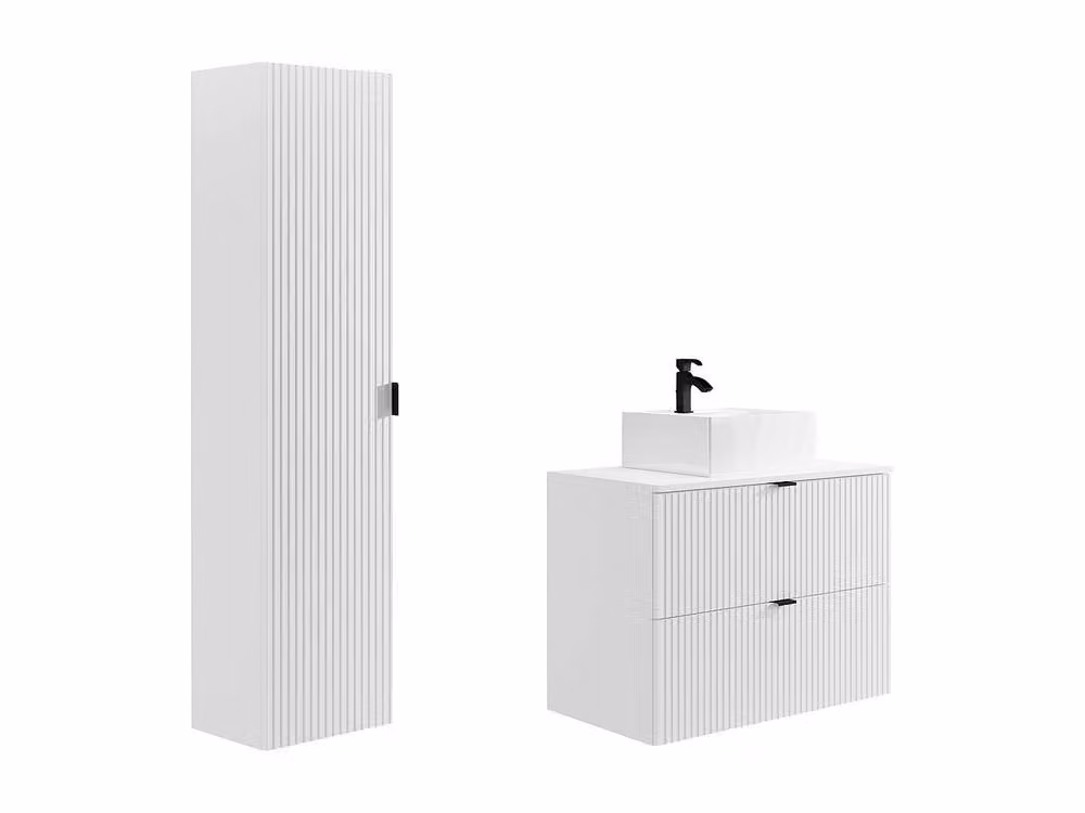 Vente-unique Striped White Bathroom Vanity Unit with Ceramic Countertop Basin, Wall Cabinet and Tall Column, W/D/H: 80 x 47 x 60 cm – 2