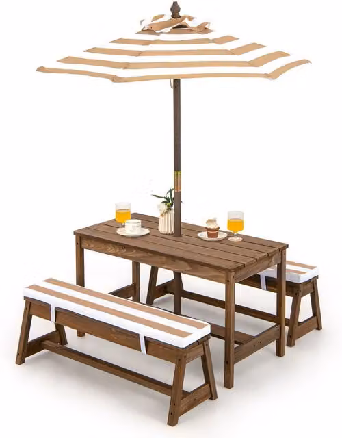 Costway 4 Piece Wooden Kids Picnic Table and Bench Set with Umbrella in Brown and Multicolour – 1
