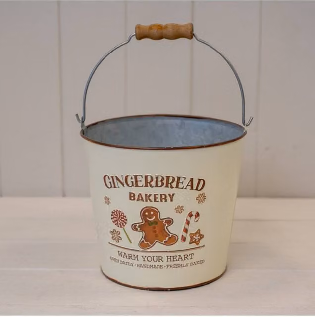 KDMD Small Gingerbread Bakery Bucket in White and Beige Metal
