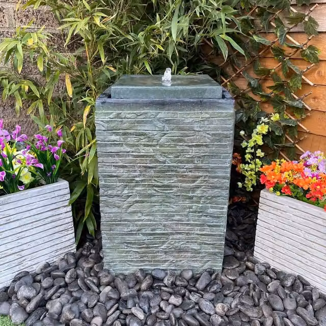 Tranquility Water Features Mosaic Cube Traditional Solar Water Column in Grey Stone