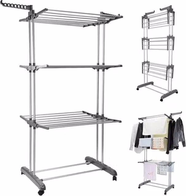 Kelvenix 4 Tier Foldable Clothes Airer Drying Rack in Silver