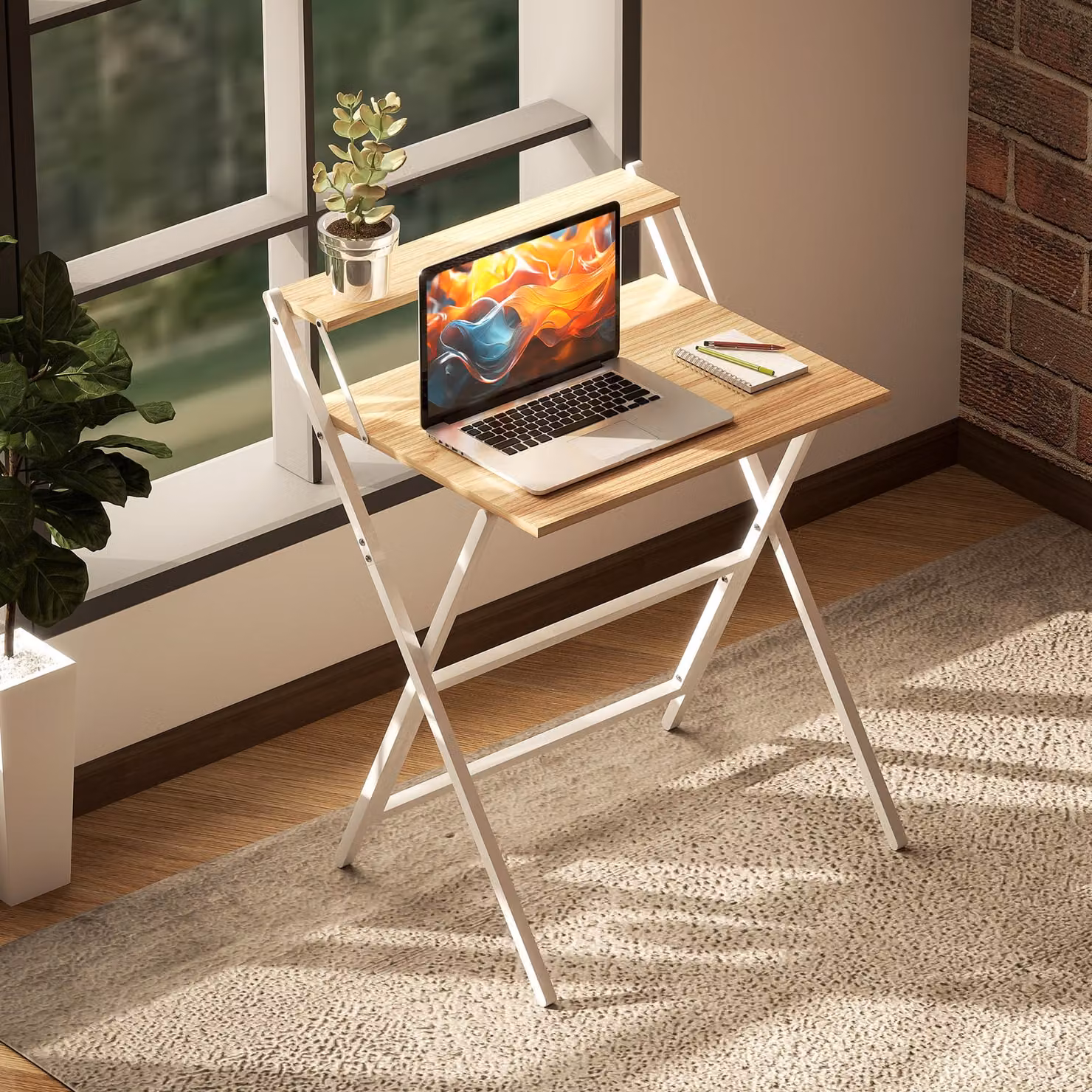 HOMCOM Folding Computer Desk with Monitor Shelf in Brown and White, 70 cm Width – 5