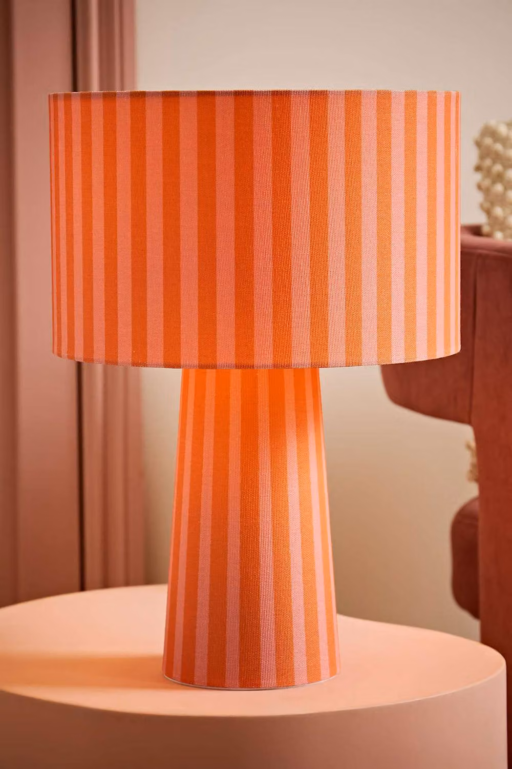 ValueLights Thorley Stripe Drum Shade Fabric Table Lamp with Bulb in Pale Orange – 2
