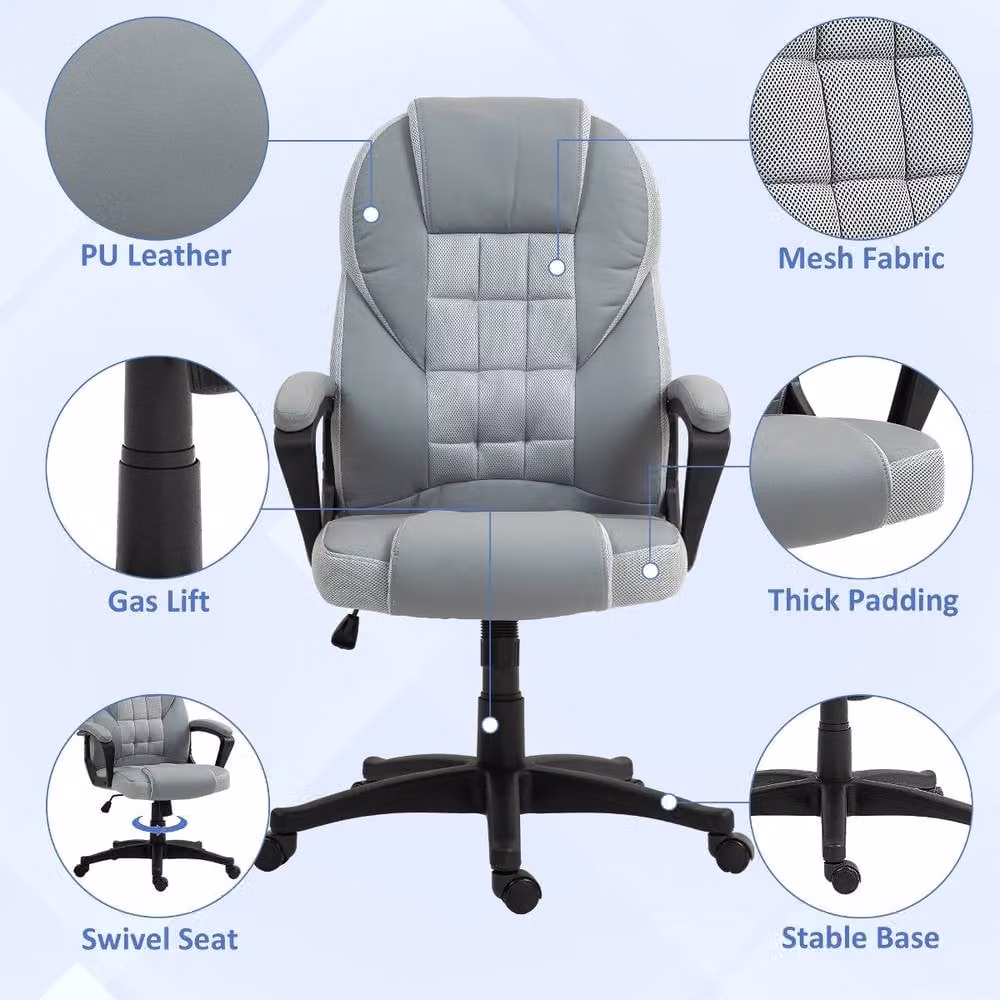 Rolipo Grey Faux Leather Swivel Task Chair with Armrests and Castors for Home Office – 4