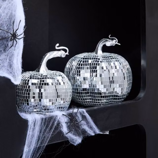 OHS 2 Pack Halloween Pumpkin Disco Mirror Ball Freestanding Party Decor in Silver