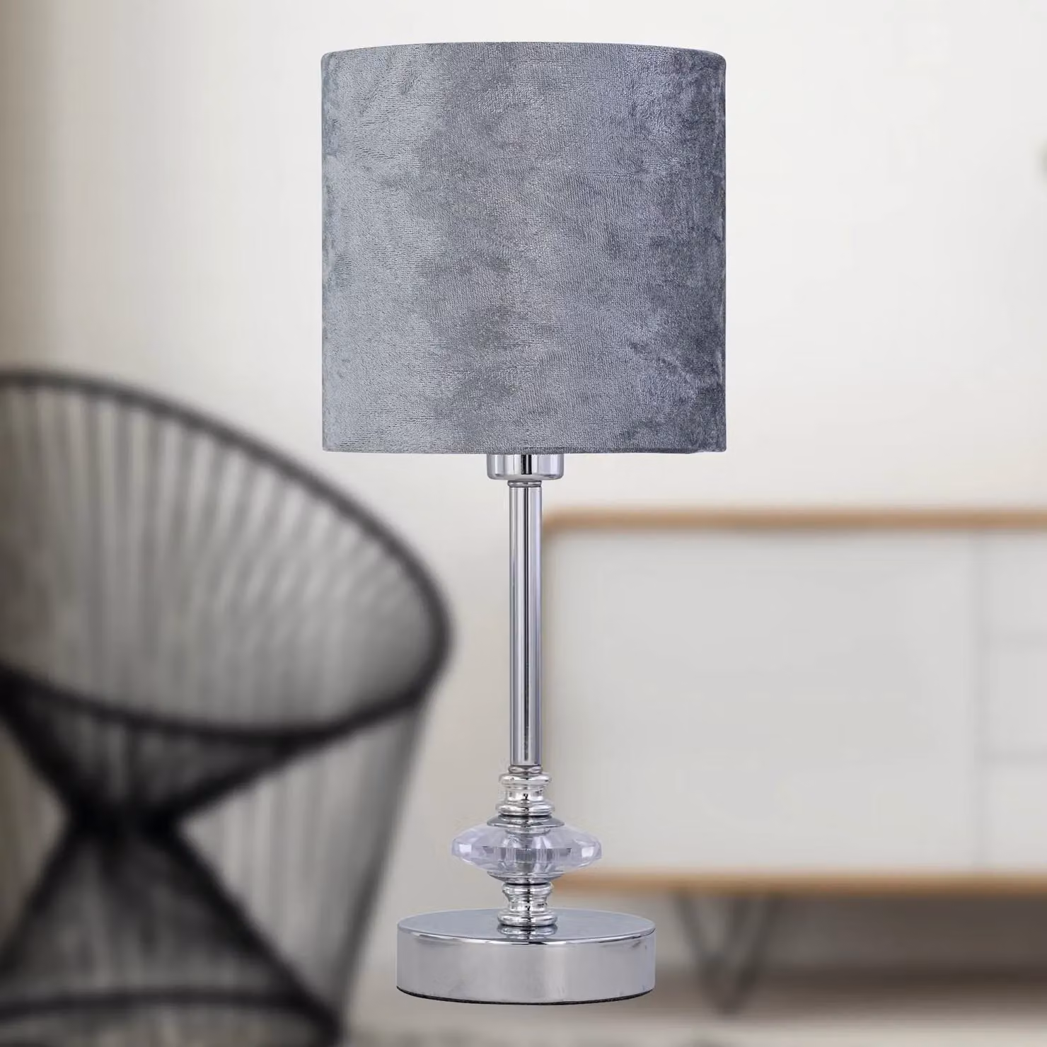 First Choice Lighting Set of 2 Chrome Jewelled Table Lamps with Grey Crushed Velvet Shades in Silver – 4