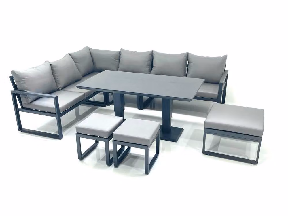 Fimous Aluminum Outdoor Garden Furniture Set with Corner Sofa, 3 Footstools and Adjustable Rising Dining Table in Dark Grey – 2