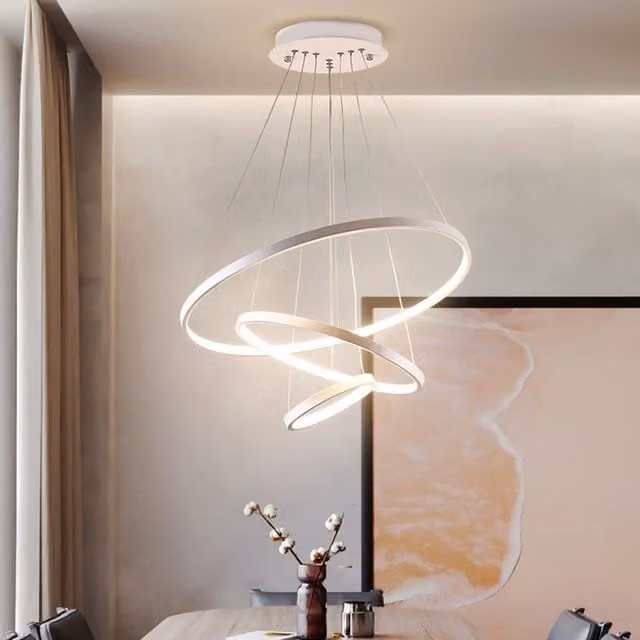 Livingandhome Modern 3 Tiered LED Ring Pendant Light, White, 90W, Dimmable