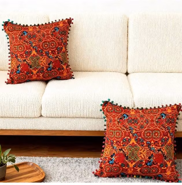 Living and Home Pack of 2 Red Ethnic Pattern Linen Throw Pillows with Inserts, W/D/H: 45 x 45 x 45 cm