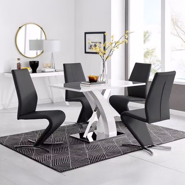 FurnitureboxUK Atlanta White High Gloss Rectangular Dining Table and 4 Black Willow Dining Chairs Set