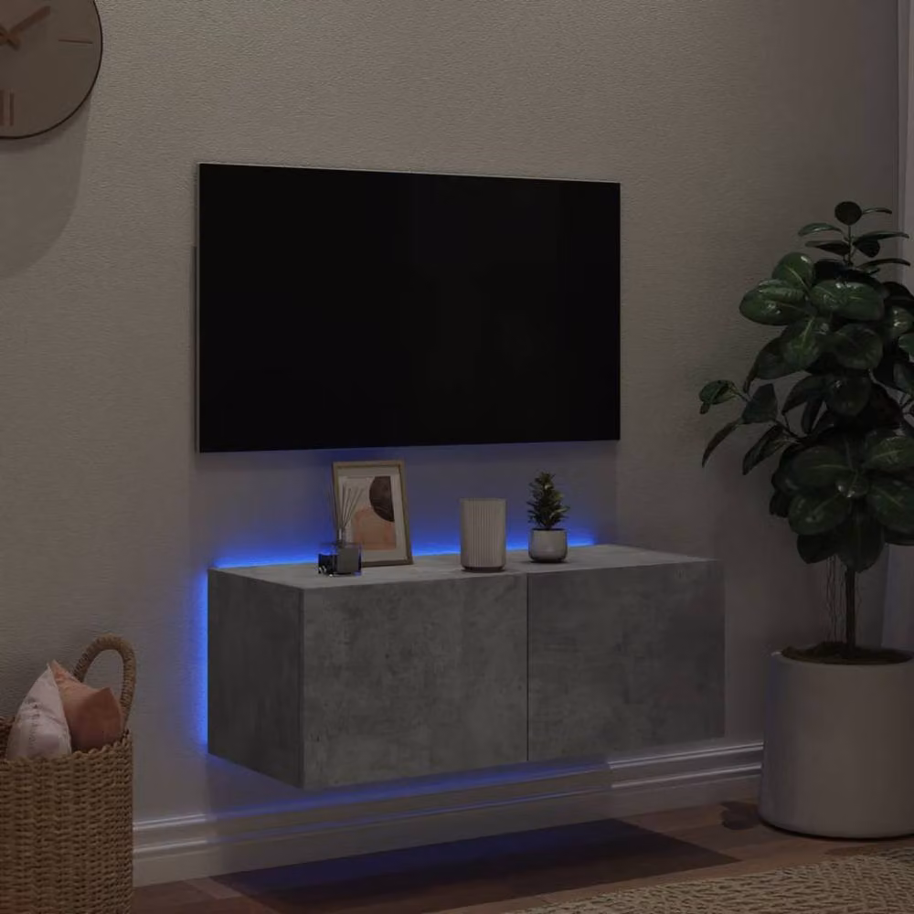 Berkfield Home Modern Wall Mounted TV Cabinet with Integrated LED Lights in Matt Concrete Grey, W/D/H: 80 x 35 x 31 cm – 3