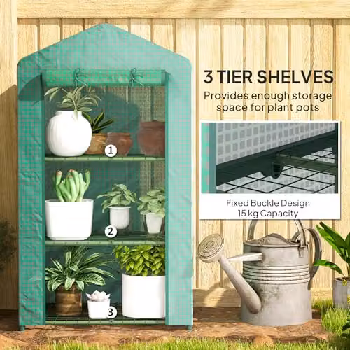 Outsunny 3 Tier Mini Greenhouse with Roll Up Door, Green, W/D/H: 49 x 49 x 125 cm – 3