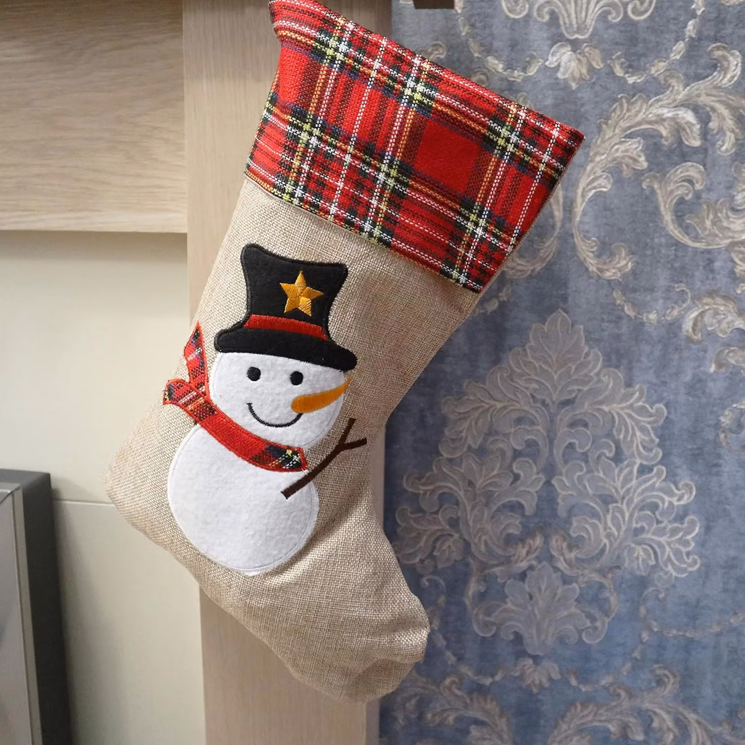Shatchi Brown Snowman Christmas Stocking, Rustic Burlap Hessian Hanging Sack, W/H: 26 x 25 cm – 12