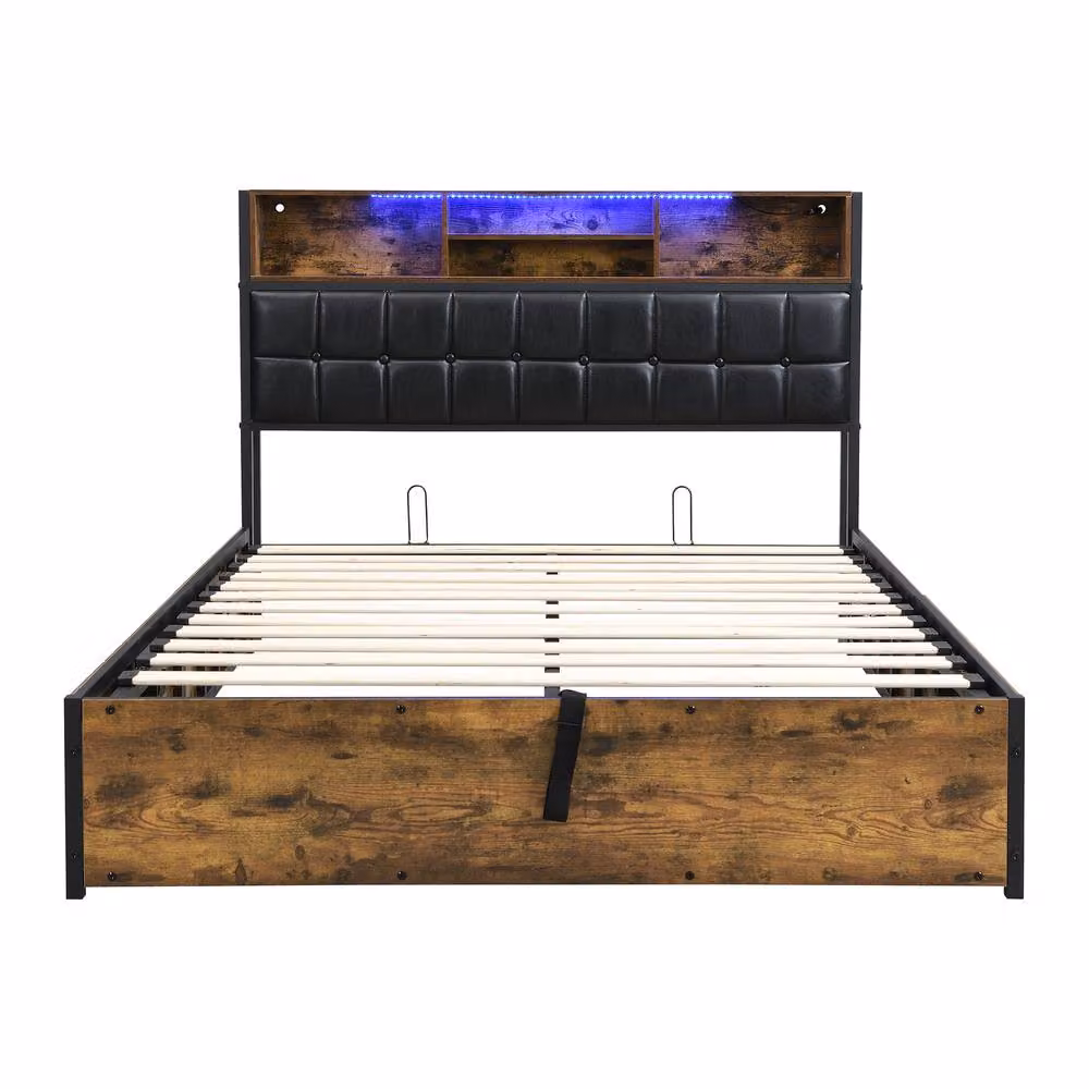 BTM Double Hydraulic Bed in Dark Brown with USB Charging, LED Lighting and Soft Storage Headboard, W/D/H: 140 x 200 cm – 5
