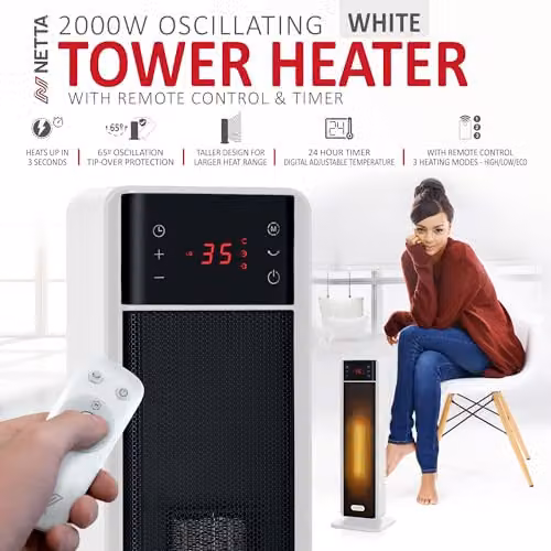 Netta 2000W Electric Ceramic Tower Fan Heater in Black and White – 2