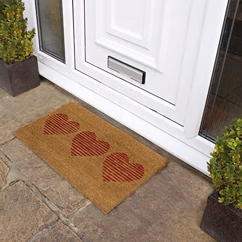 JVL Eco-Friendly Coir Door Mat, Three Hearts, Brown/Beige, W: 45 cm, D: 75 cm, H: 1.5 cm – 2