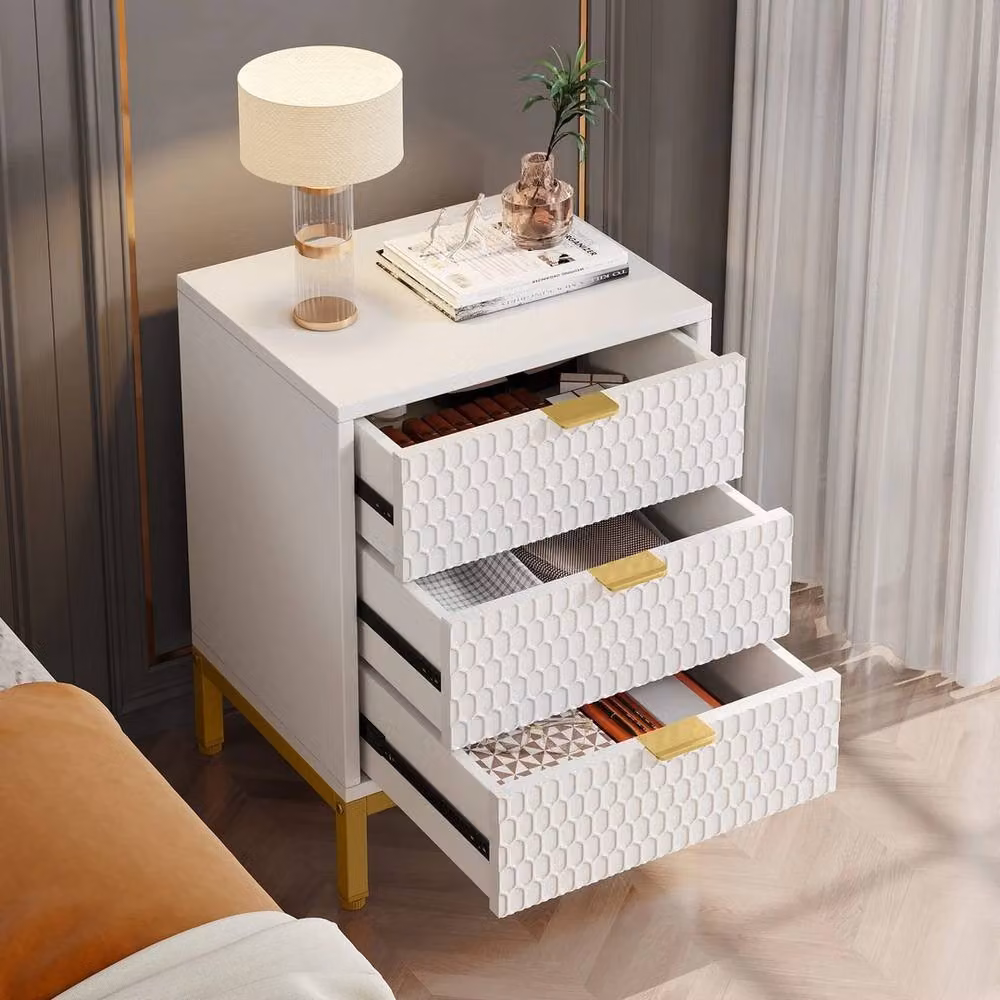 VOGREX Modern White and Gold Geometric Nightstand with 3 Drawers for your Bedroom – 4