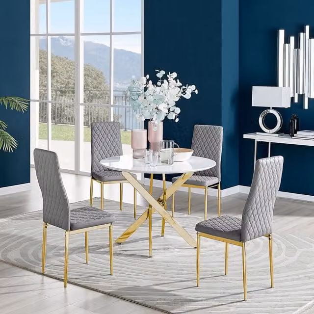 FurnitureboxUK Novara Round White Gloss Dining Table with 4 Milan Gold Leg Grey Faux Leather Chairs