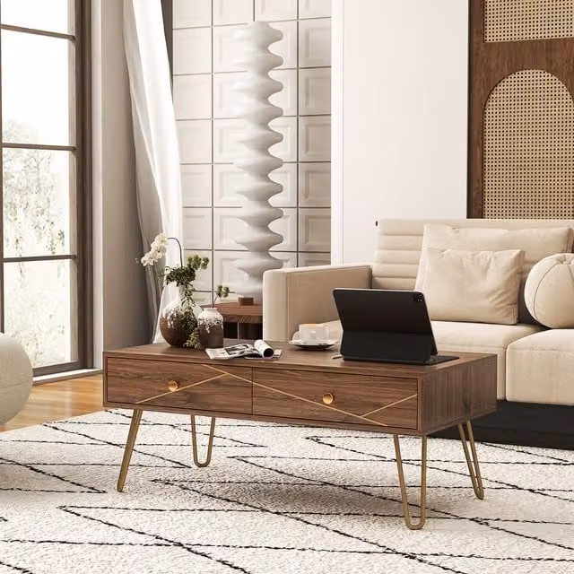 HOMCOM Modern Brown and Gold Square Coffee Table with Storage for your Living Room