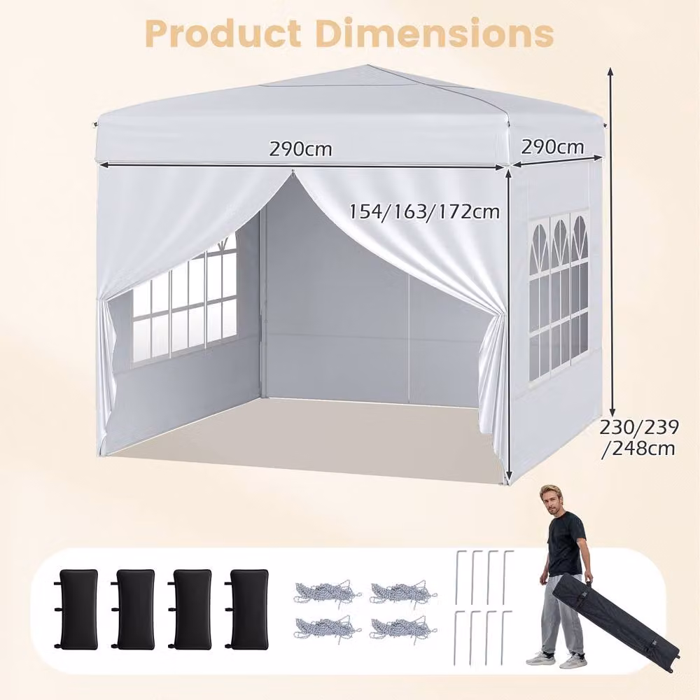 Gymax Pop up Camping Sunshade Shelter with 4 Sidewalls, White and Silver, W: 290 cm, D: 290 cm, H: 230 cm – 2