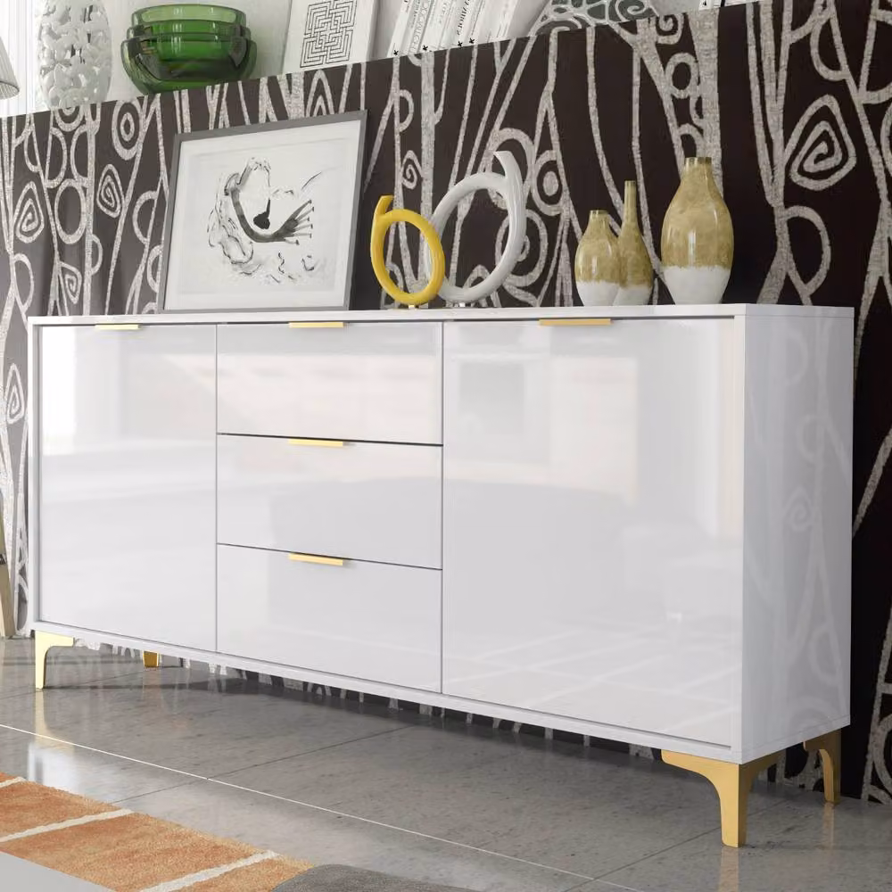 Mex Furniture LTD Goldline Glossy White and Gold Sideboard, W: 140 cm, H: 80 cm, D: 35 cm – 4