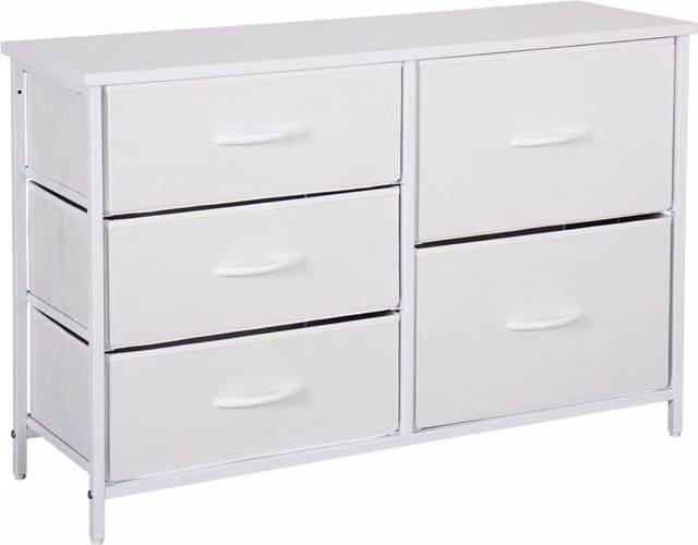 Home Treats White Chest of Drawers with Metal Frame and 5 Large Deep Fabric Drawers