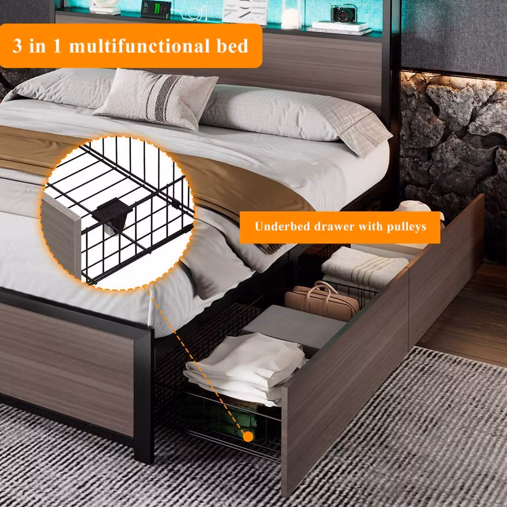 Merax Double Industrial Metal and Wood Bed in Grey and Black with LED Headboard, USB Charging Port and 4 Drawers, W/D/H: 140 x 200 x 135.5 cm – 5