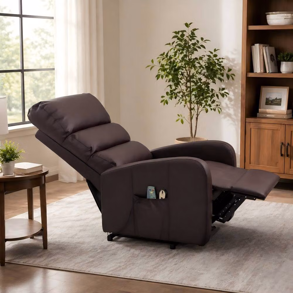ModernLuxe Brown Synthetic Leather Massage Lift Recliner Chair with Heat, Vibration and Side Pockets – 4