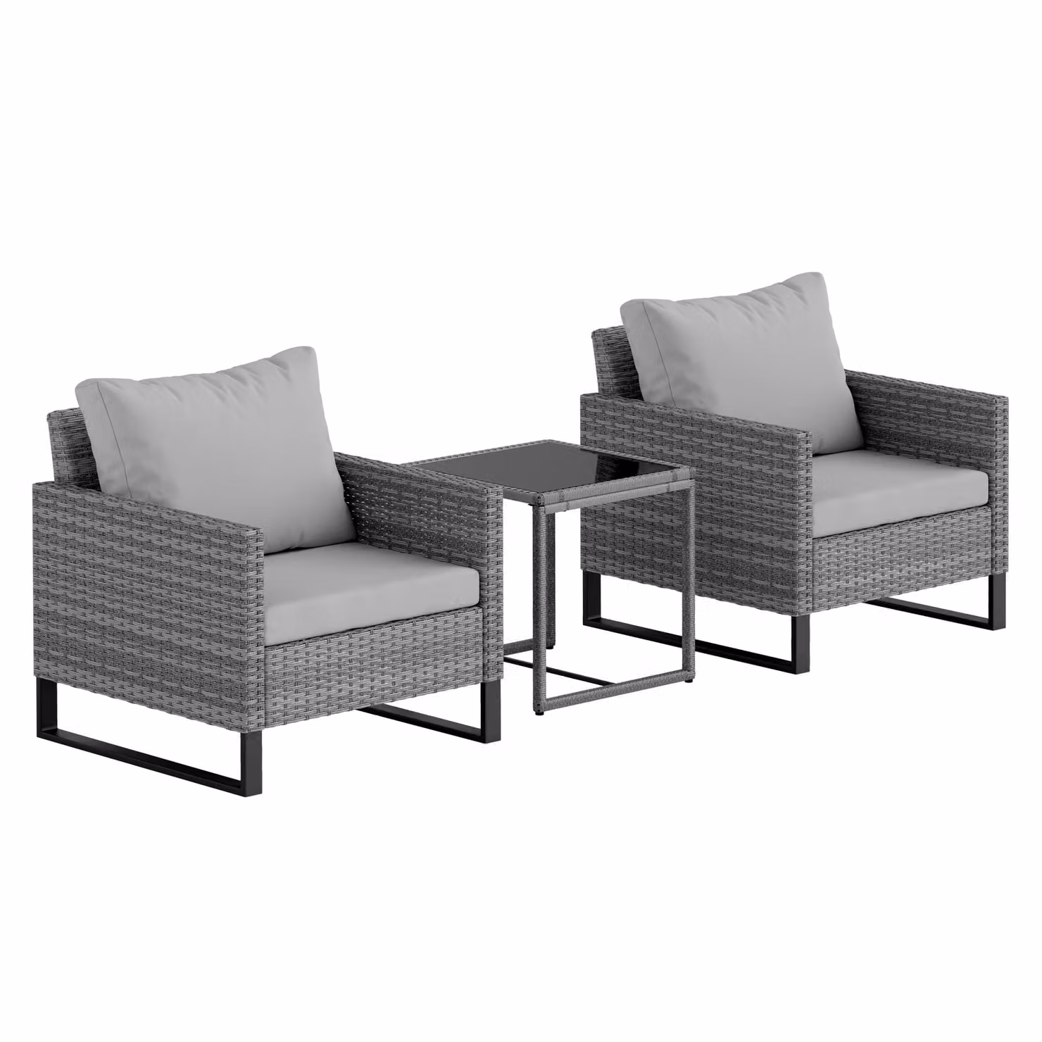 OUTSUNNY 3-Piece Rattan Bistro Set with Glass Top Table, Chairs and 4 Cushions in Light Grey – 2