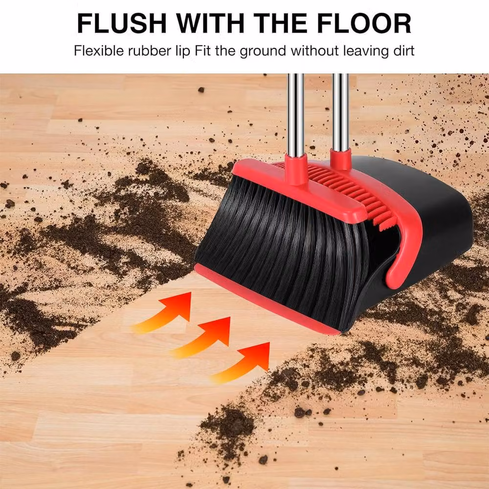 Ventryn Dustpan and Brush Set with Long Aluminium Handle and Red Plastic Broom – 6