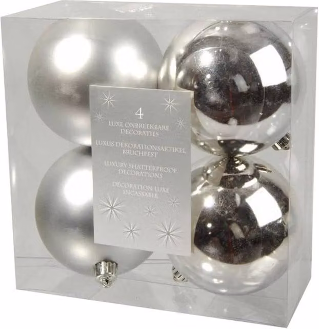 Kaemingk Shatterproof Plain Silver Round Christmas Baubles, Pack of 4