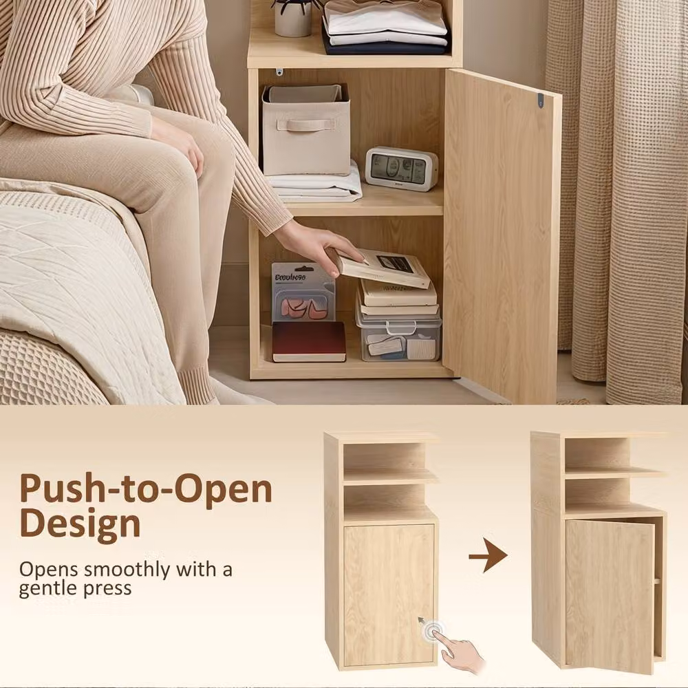 STILVORA Set of 2 Bedside Tables with Open Cubbies and Door in Light Oak – 5
