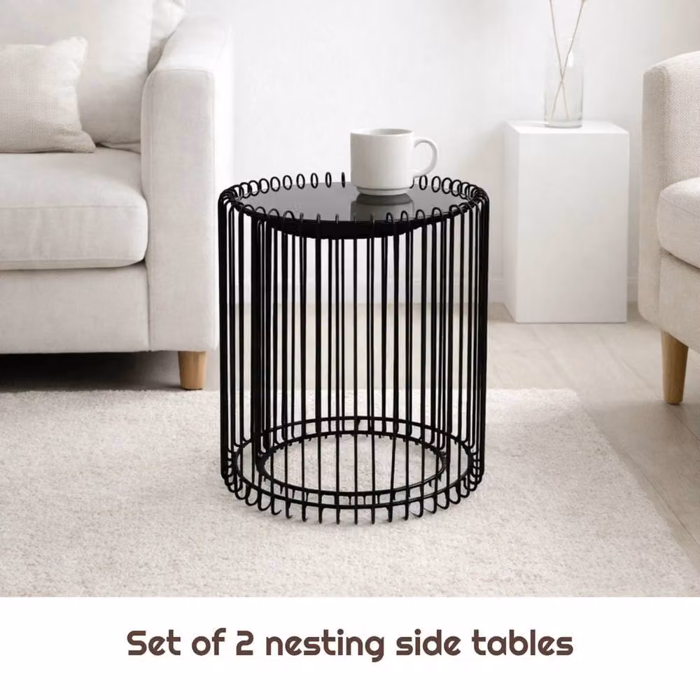 FORGEVIO Set of 2 Round Industrial Coffee and Side Tables with Mirror Glass Tops in Black – 3