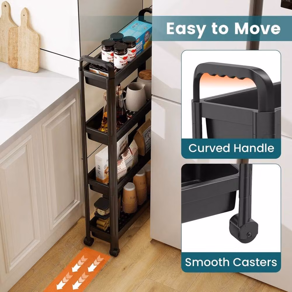 VOGREX 4-Tier Slim Rolling Bathroom Storage Cart Organiser in Black – 3