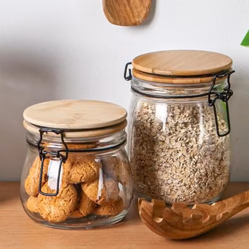 Argon Tableware Glass Storage Jars with Airtight Wooden Clip Lids, 500ml, Pack of 3, Transparent – 3