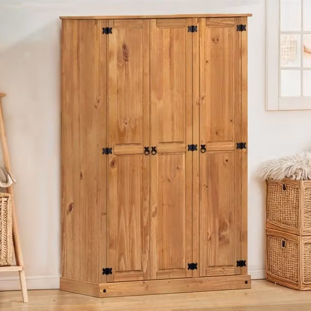 Mercers Furniture Corona 3 Door Triple Wardrobe in Solid Mexican Pine, Antique Wax Brown