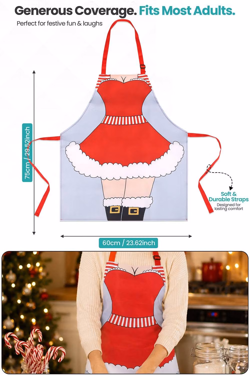 Neel Blue Mrs Claus Christmas Festive Cooking Apron for Women in Red, W/H: 75 x 60 cm – 2