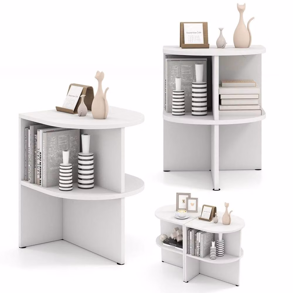 FORGEVIO 2-Tier Half Round Wooden Side Table and Nightstand in White, W/D/H: 38 x 38 x 48 cm – 2