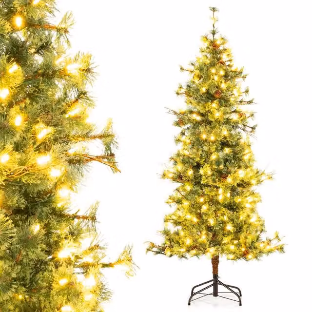 Gymax Pre-Lit Artificial Christmas Tree with 370 Branch Tips, Green, Height: 180 cm