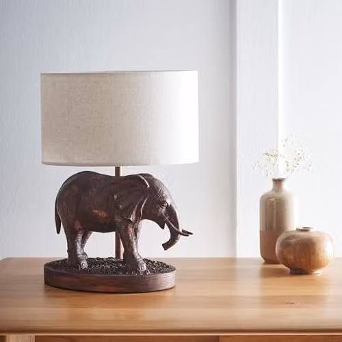 K LIVING Elephant Antique Copper Resin Table Lamp with Fabric Shade – 1