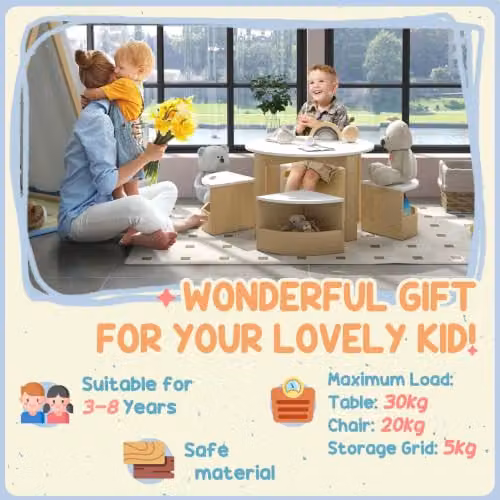 AIYAPLAY Five-Piece Kids Table and Chairs Set with Storage in White – 3