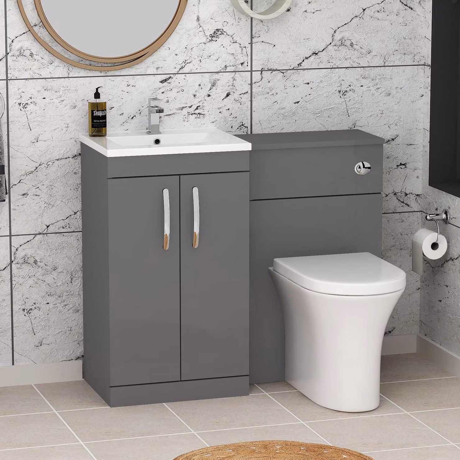 Royal Bathrooms Indigo Grey Gloss 2 Door Furniture Pack with Minimalist Basin and Breeze Back to Wall Toilet, Width: 100 cm