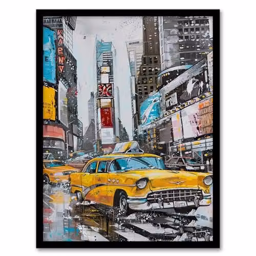 Artery8 New York City Taxi Times Square Cityscape Framed Wall Art Print, Multicolour, W: 21.0 cm, H: 29.7 cm