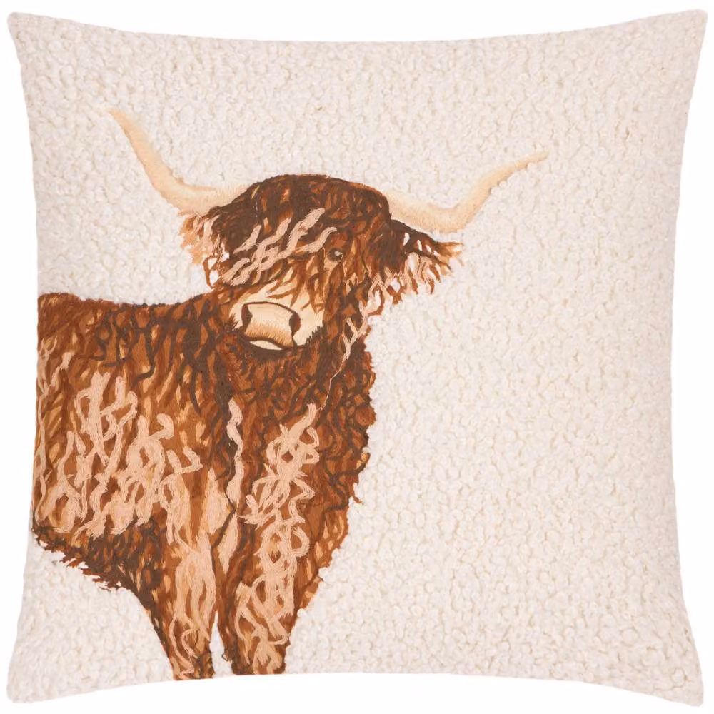 Evans Lichfield Beige Boucle Highland Cow Embroidered Square Cushion, W x D: 45 x 45 cm – 2