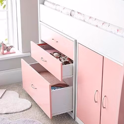 Bedmaster Lacy Kids Mid Sleeper Storage Bed with Pink Orthopaedic Mattress, Blue, Grey, Pink and White, W/D/H: 190 x 90 x 142 cm – 2