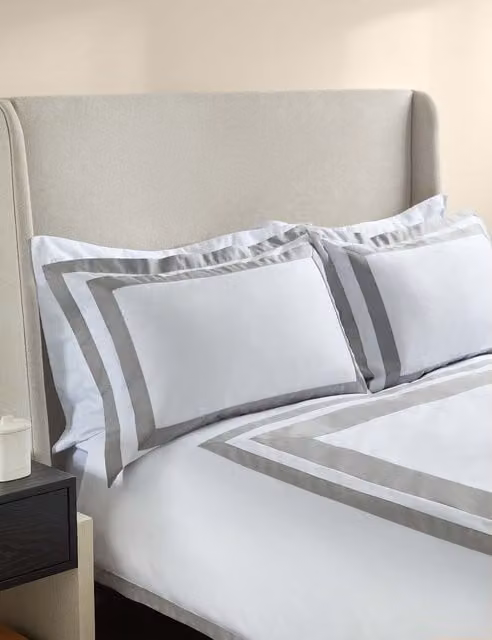 M&S x Kelly Hoppen Pure Cotton Double Border Bedding Set Grey/White W/D/H: 140 x 200 cm