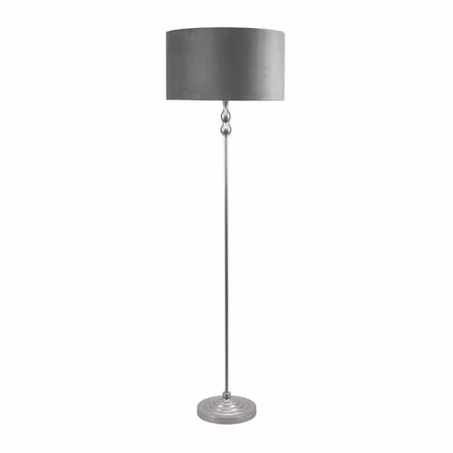 ValueLights Maggie Candlestick Floor Lamp in Chrome with Grey Velvet Shade and Warm White Bulb, H 151 cm x W 45 cm x D 45 cm