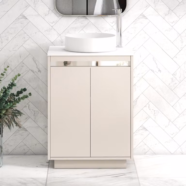 Royal Bathrooms Orion 600mm Warm Taupe Floor Standing 2 Door Vanity Unit with Plain White Undrilled Worktop and Chrome Accent Trim